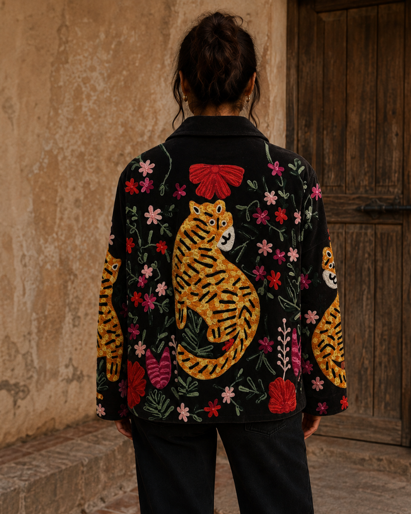 Black Velvet Embroidered Jacket with Tiger Flowers