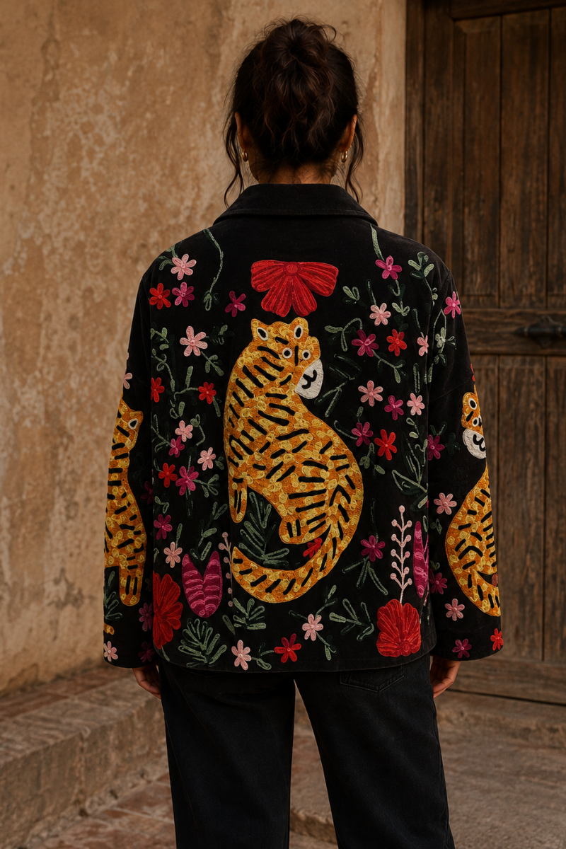 Black Velvet Embroidered Jacket with Tiger Flowers