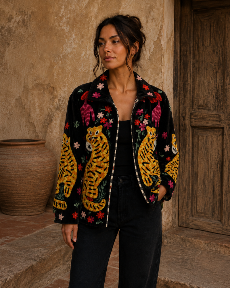 Black Velvet Embroidered Jacket with Tiger Flowers
