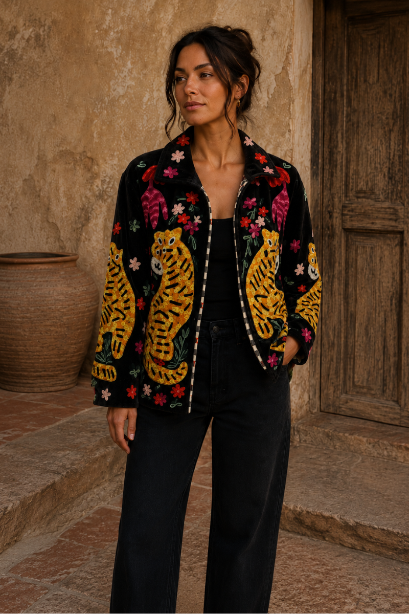Black Velvet Embroidered Jacket with Tiger Flowers