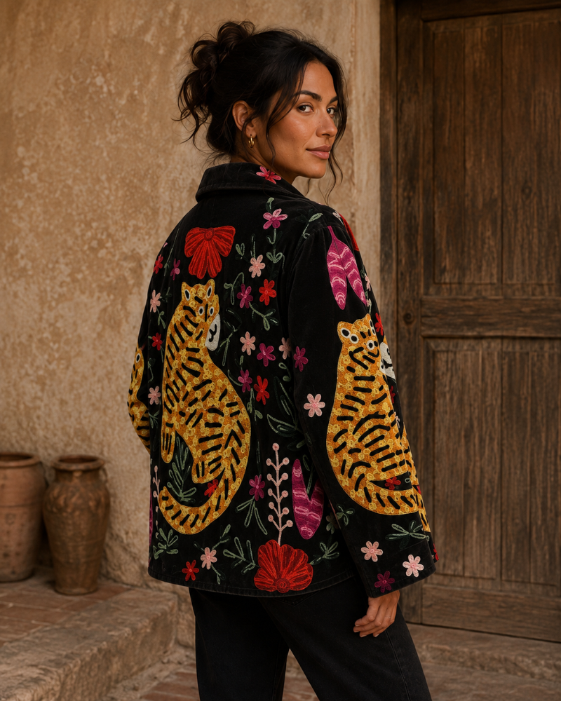 Black Velvet Embroidered Jacket with Tiger Flowers