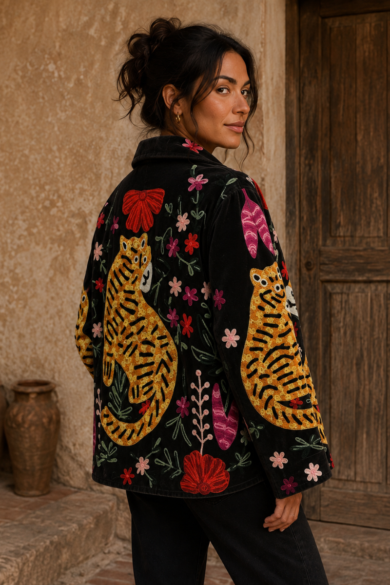 Black Velvet Embroidered Jacket with Tiger Flowers