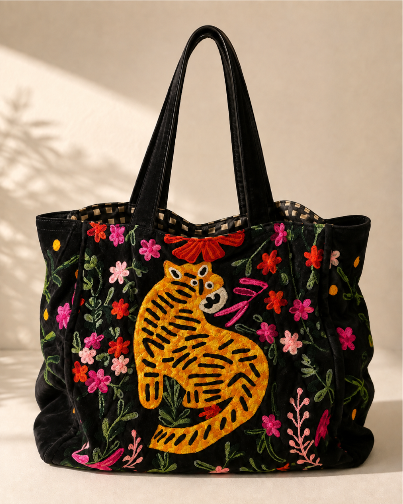 Black Velvet Embroidered Weekend Tiger Bag