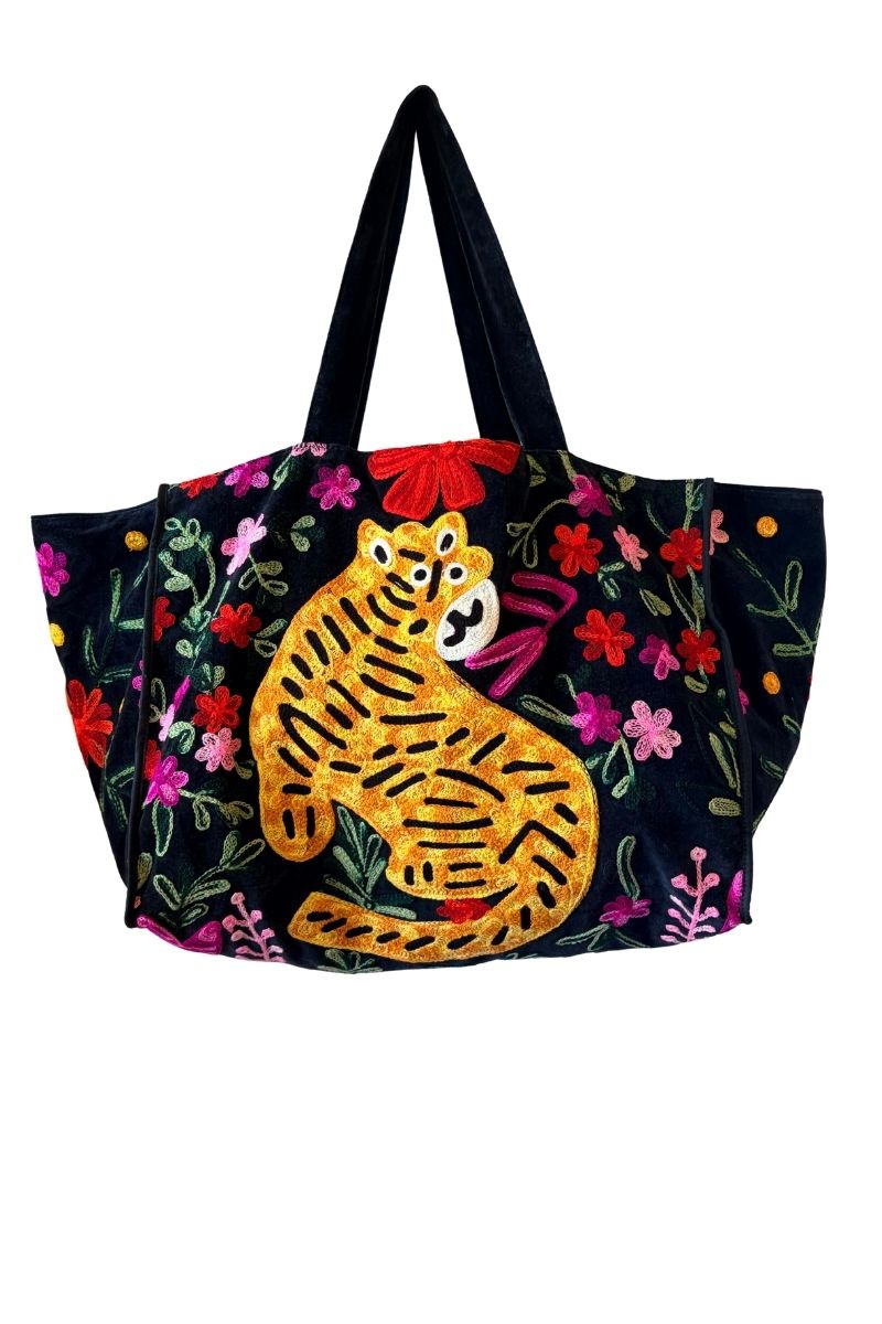 Black Velvet Embroidered Weekend Tiger Bag