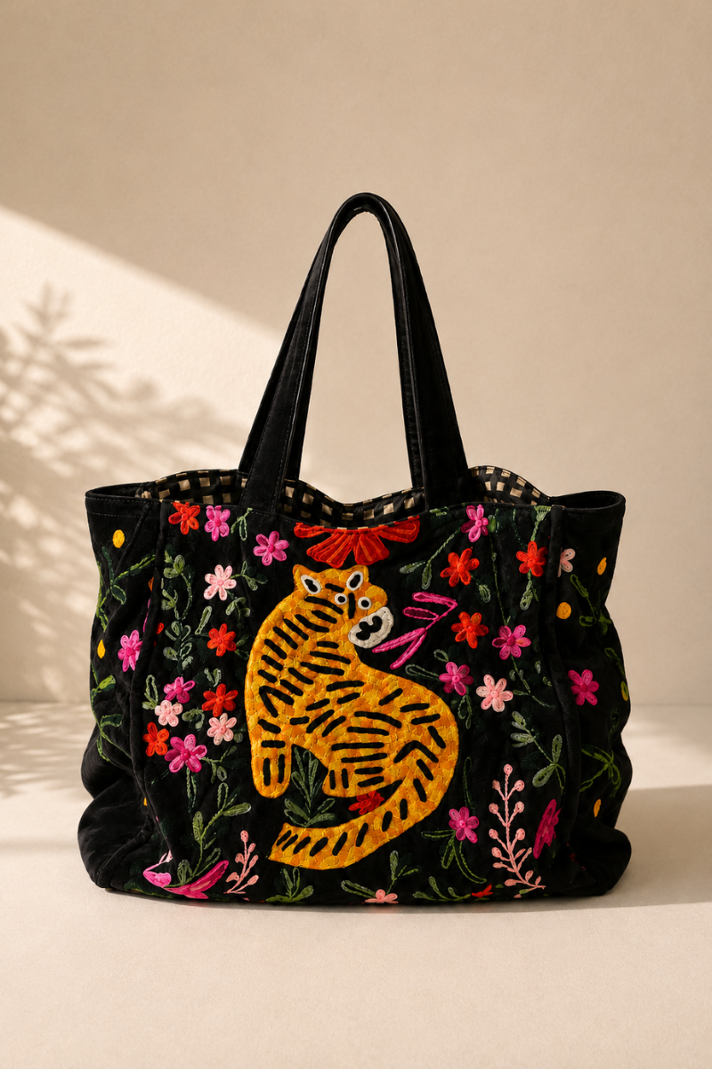 Black Velvet Embroidered Weekend Tiger Bag