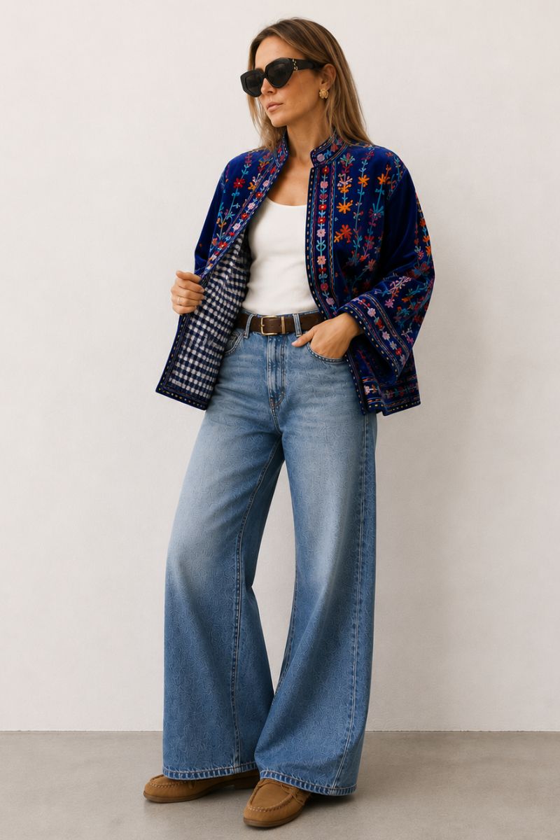 Anika Embroidered  Cotton Velvet Jacket Blue