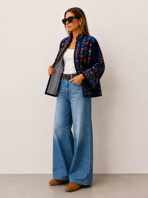 Woman wearing a floral jacket, white top, blue jeans, and brown shoes against a plain background