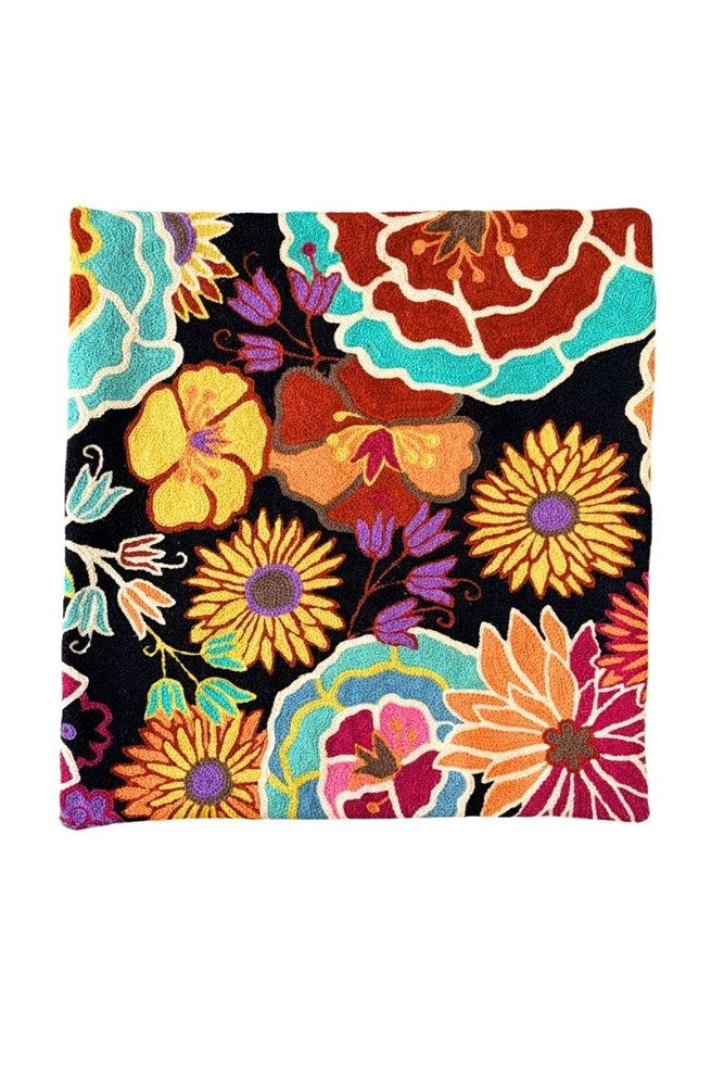 Botanical Cotton Embroidered Floral Cushion in Black