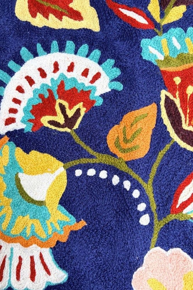 Botanical Cotton Embroidered Floral Cushion in Navy