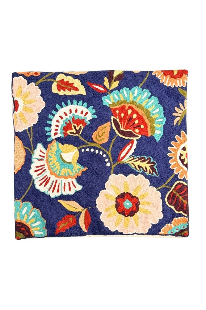 Botanical Cotton Embroidered Floral Cushion in Navy