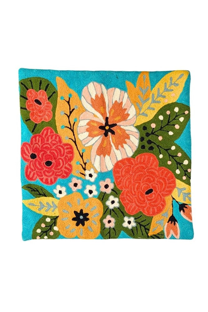 Botanical Cotton Embroidered Floral Cushion in Turquoise