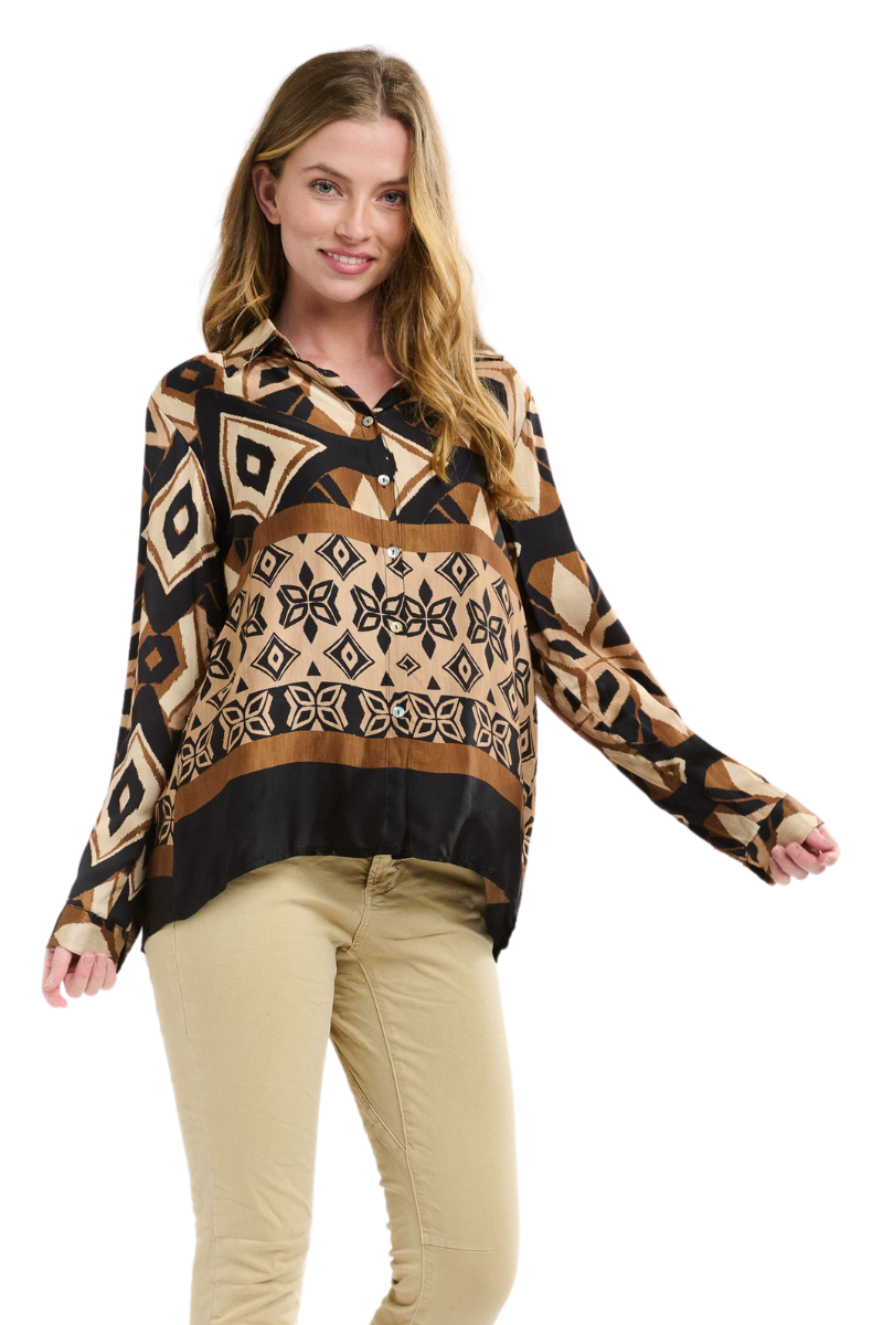 Shop Brown & Beige Monroe Button Shirt By Italian Star - Origen Imports