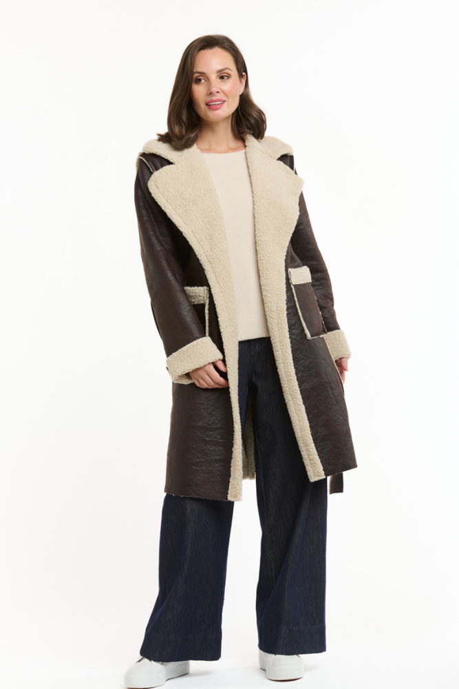 Shop Brown Shearling Lined Faux Coat - Origen Imports