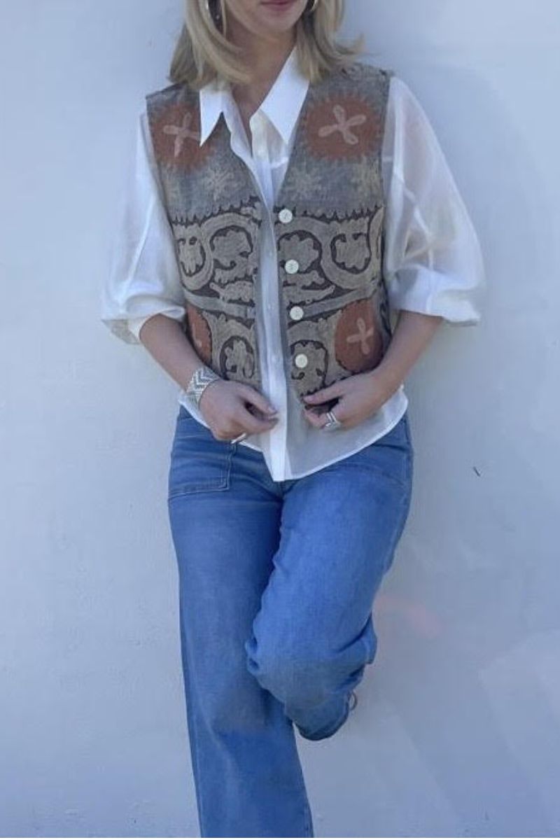 Shop Nomad Cotton Embroidered Vest By Origen - Brown and Beige - Origen Imports