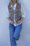 Shop Nomad Cotton Embroidered Vest By Origen - Brown and Beige - Origen Imports