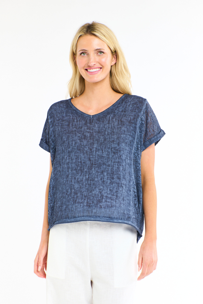 Calypso V-Neck Short Sleeve Linen Top - Navy