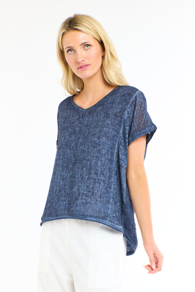 Calypso V-Neck Short Sleeve Linen Top - Navy