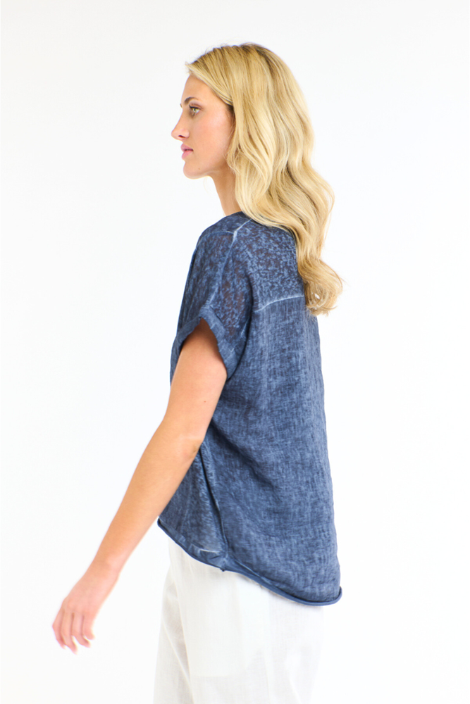 Calypso V-Neck Short Sleeve Linen Top - Navy