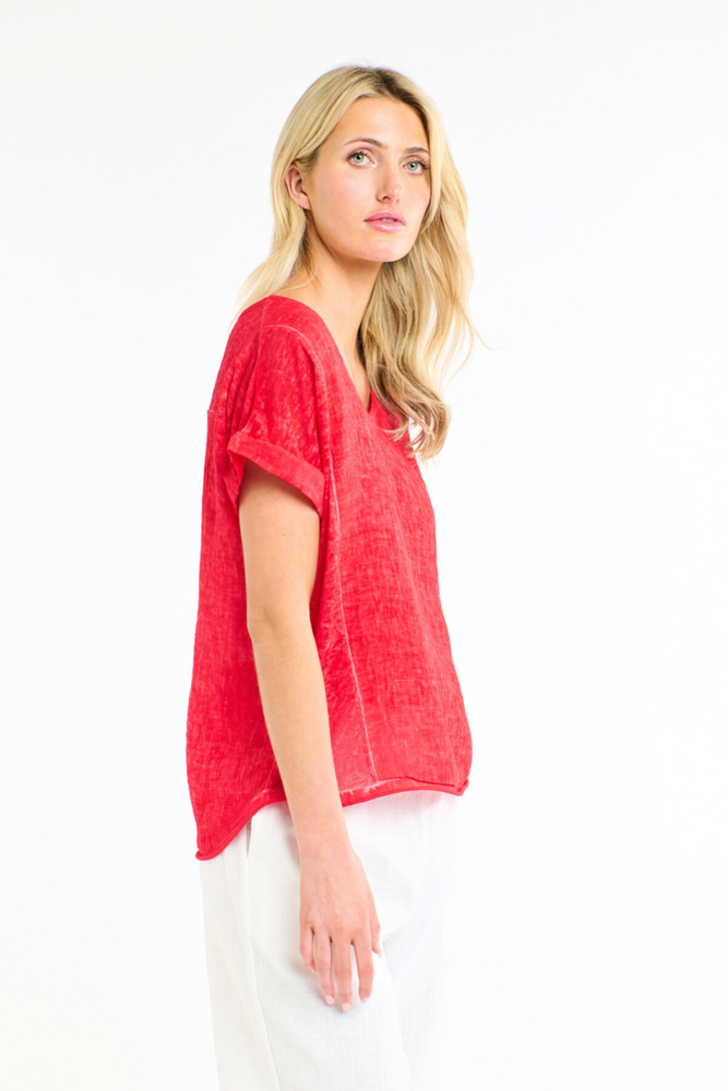 Calypso V-Neck Short Sleeve Red Linen Top