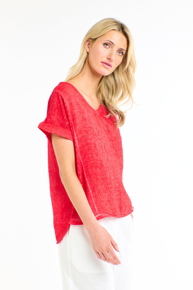 Calypso V-Neck Short Sleeve Red Linen Top