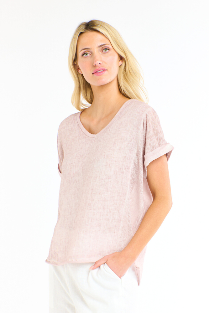 Calypso V-Neck Short Sleeve Soft Pink Linen Top