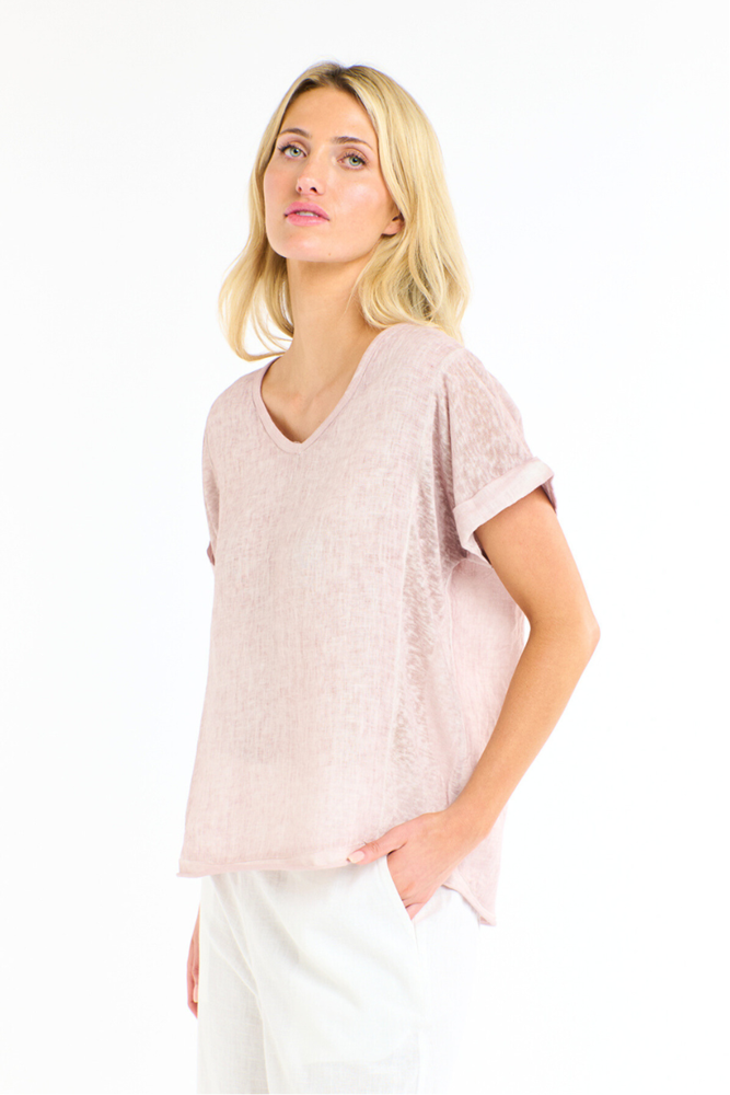Calypso V-Neck Short Sleeve Soft Pink Linen Top