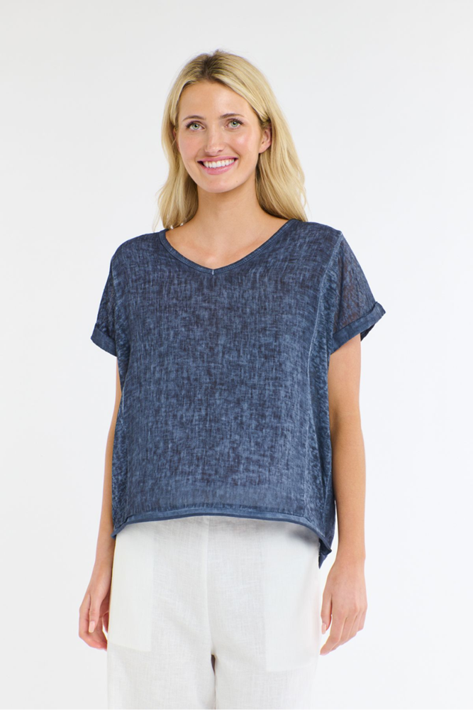 Shop Calypso V-Neck Short Sleeve Midnight Blue Linen Top by Love From Italy - Origen Imports