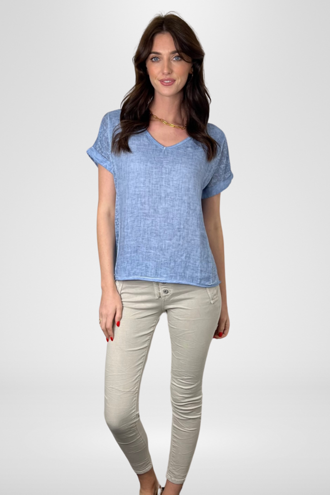Shop Calypso V Neck Short Sleeve Sky Blue Linen Top by Love From Italy - Origen Imports