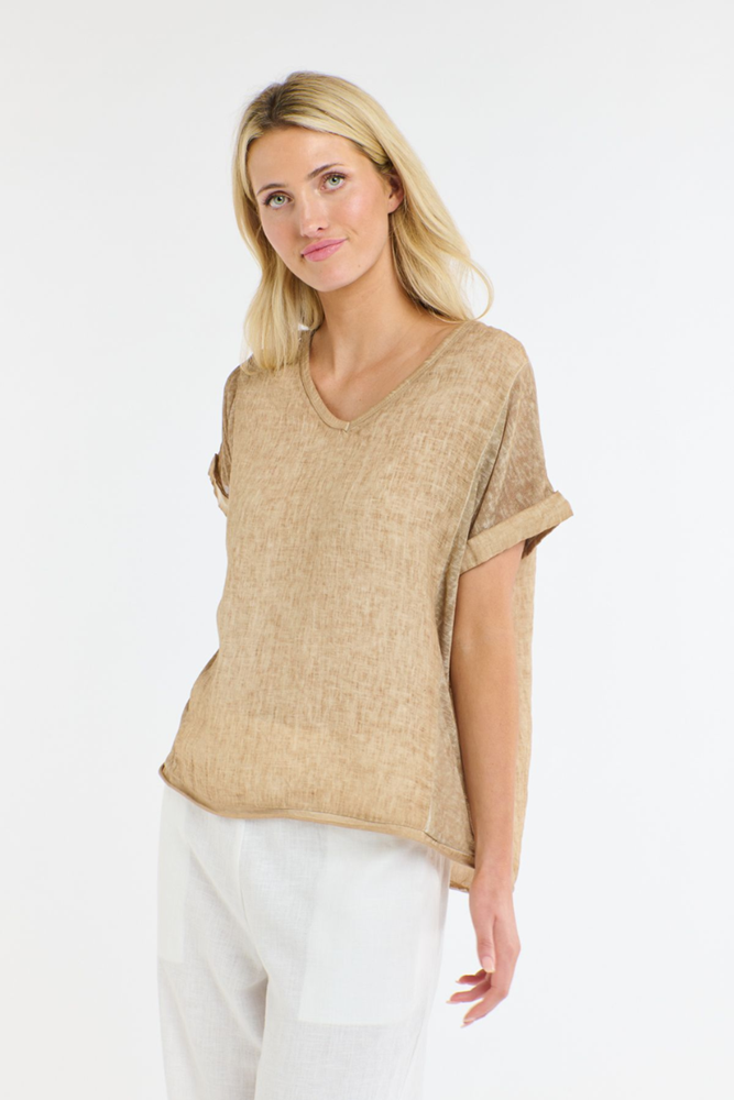 Shop Calypso V-Neck Short Sleeve Camel Linen Top by Love From Italy - Origen Imports