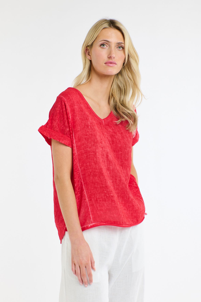 Shop Calypso V-Neck Short Sleeve Red Linen Top By Love From Italy - Origen Imports