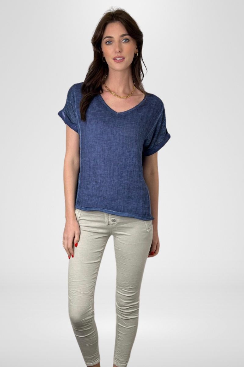 Shop Calypso V-Neck Short Sleeve Midnight Blue Linen Top by Love From Italy - Origen Imports