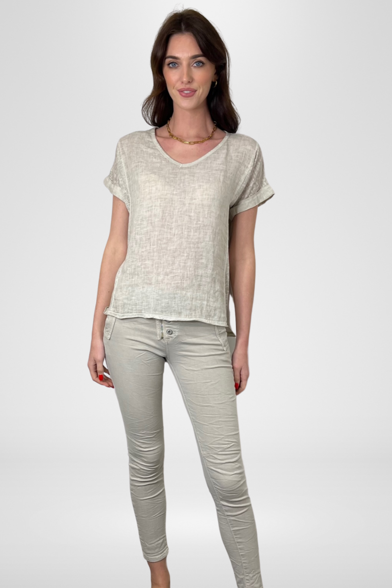 Shop Calypso V-Neck Short Sleeve Beige Linen Top by Love From Italy - Origen Imports