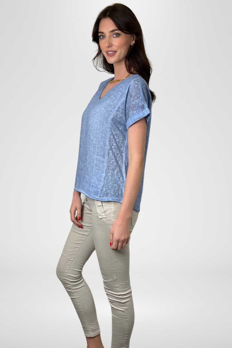 Shop Calypso V Neck Short Sleeve Sky Blue Linen Top by Love From Italy - Origen Imports