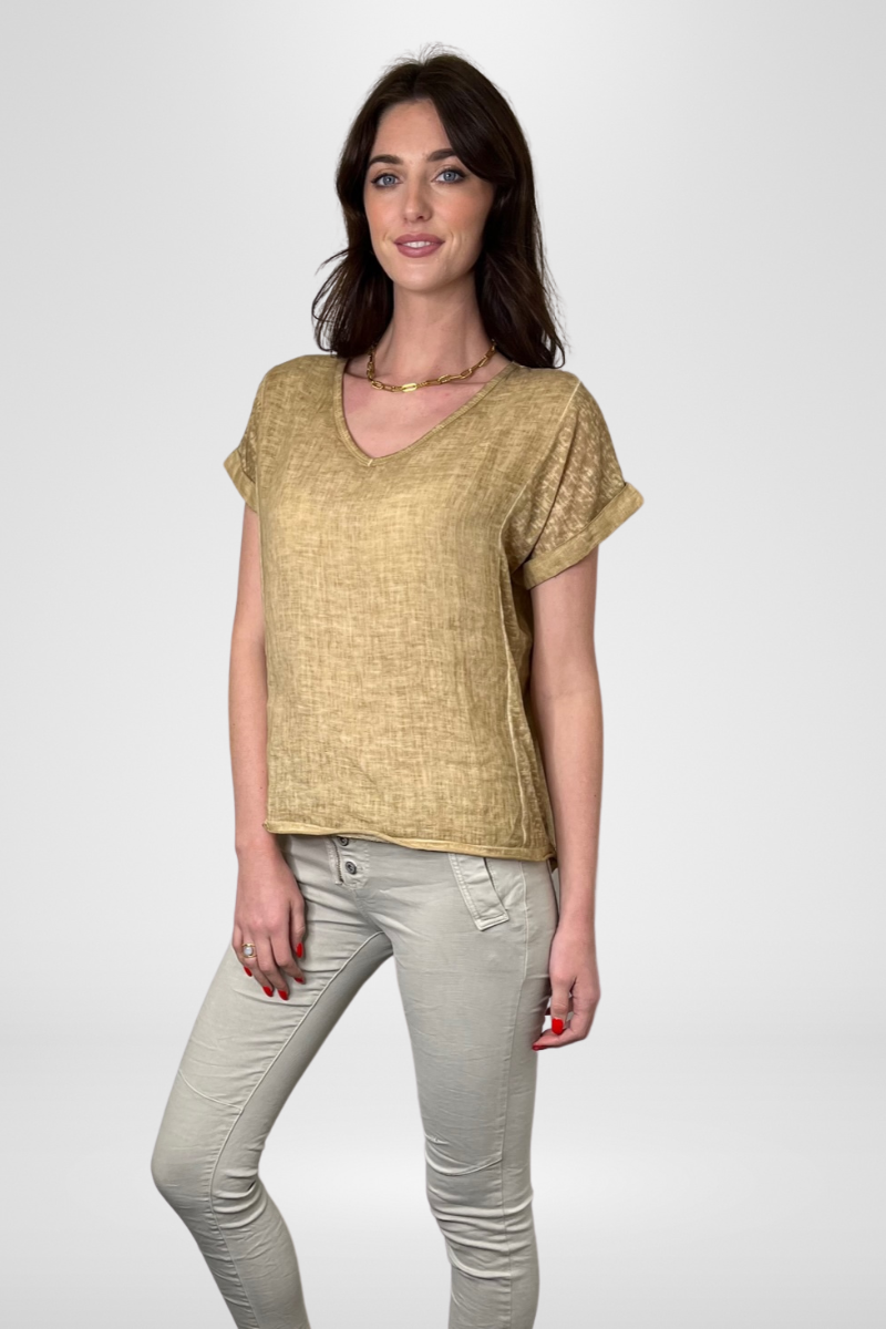 Shop Calypso V-Neck Short Sleeve Camel Linen Top by Love From Italy - Origen Imports