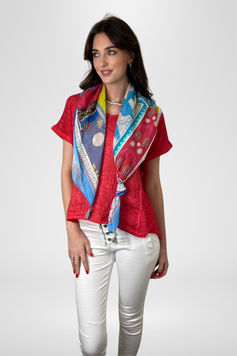 Shop 100% Cotton Printed  Scarf- Blue & Red - Origen Imports