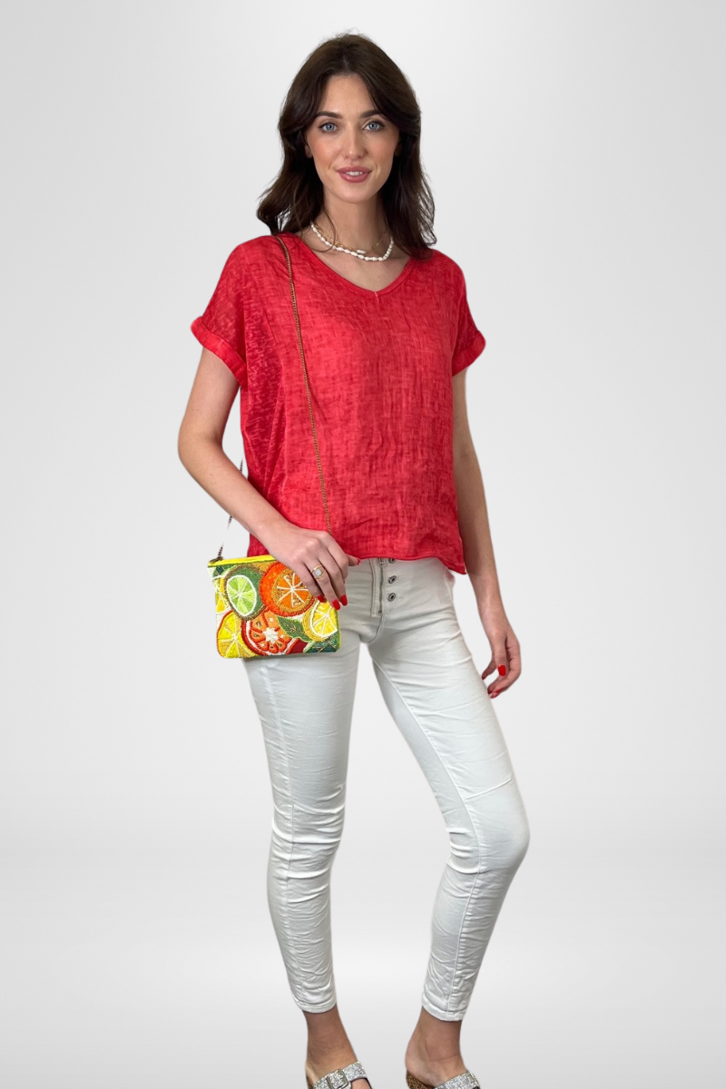 Shop Calypso V-Neck Short Sleeve Red Linen Top By Love From Italy - Origen Imports