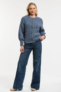 A woman modeling a blue cable-knit button-front cardigan sweater with dark blue wide-leg jeans, standing against a plain white studio background.