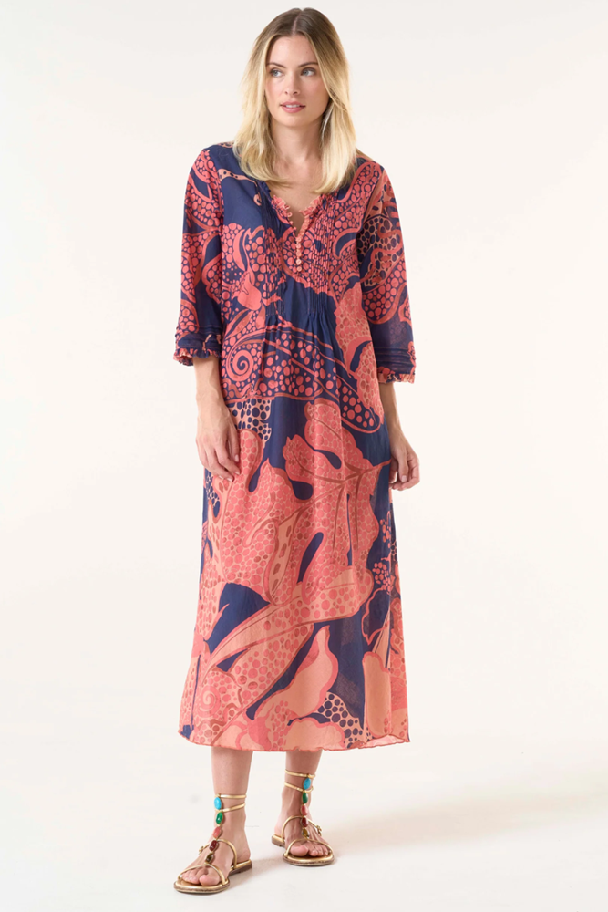 Shop Coral Long Poppy Portofino Cotton Dress By Oneseason - Origen Imports