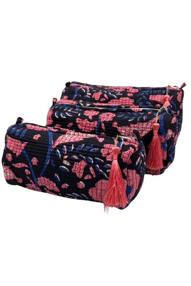 Cotton Quilted 3-Piece Travel Bag & Pouch Set – Black & Pink Floral