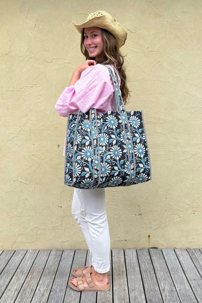 Cotton Reversible Tote Bag -  Navy Floral