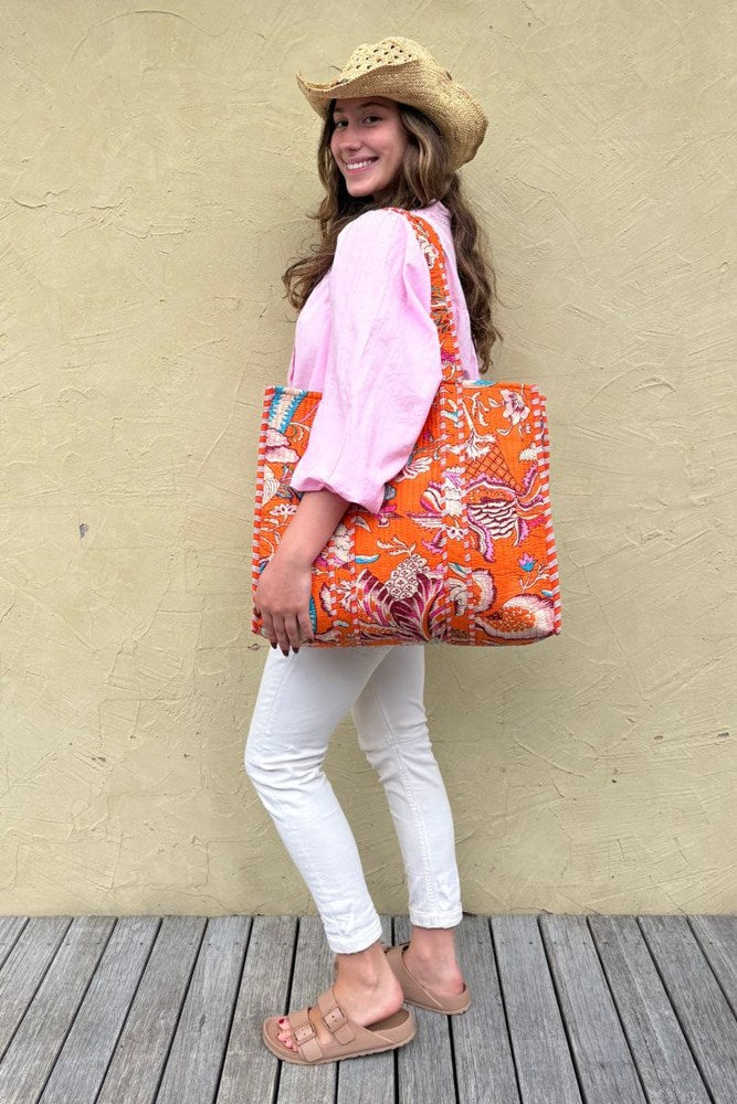 Cotton Reversible Tote Bag - Orange Floral