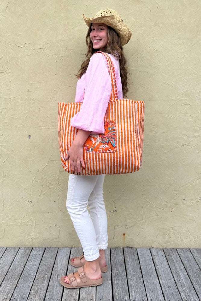 Cotton Reversible Tote Bag - Orange Floral