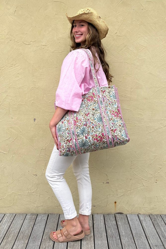 Cotton Reversible Tote Bag - Pink/Blue Floral