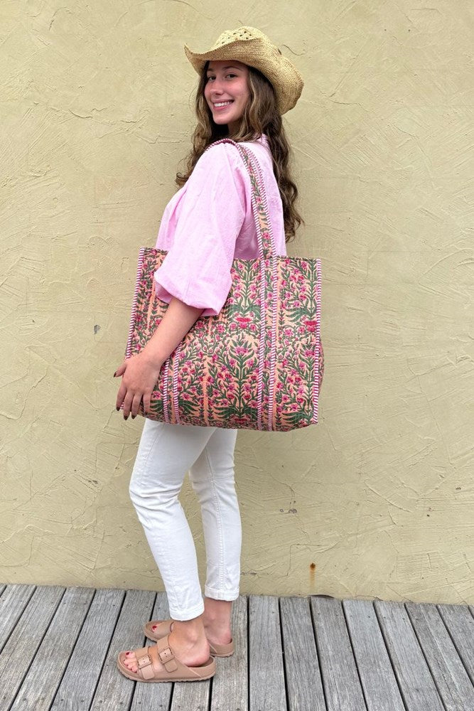 Cotton Reversible Tote Bag - Pink Green Floral