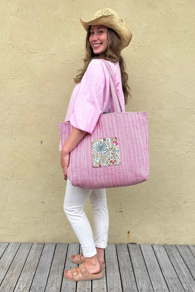 Cotton Reversible Tote Bag - Pink/Blue Floral