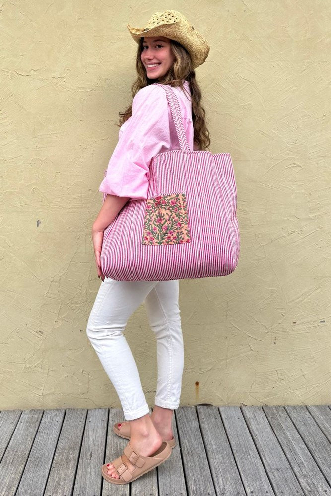 Cotton Reversible Tote Bag - Pink Green Floral