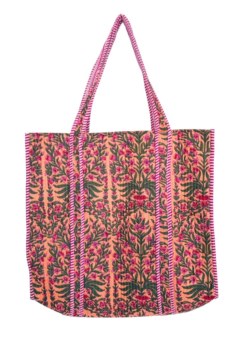 Cotton Reversible Tote Bag - Pink Green Floral