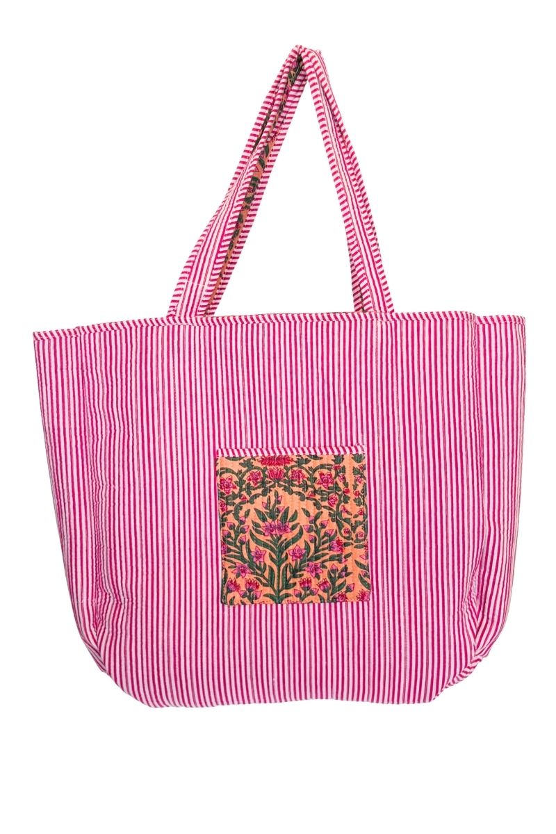 Cotton Reversible Tote Bag - Pink Green Floral