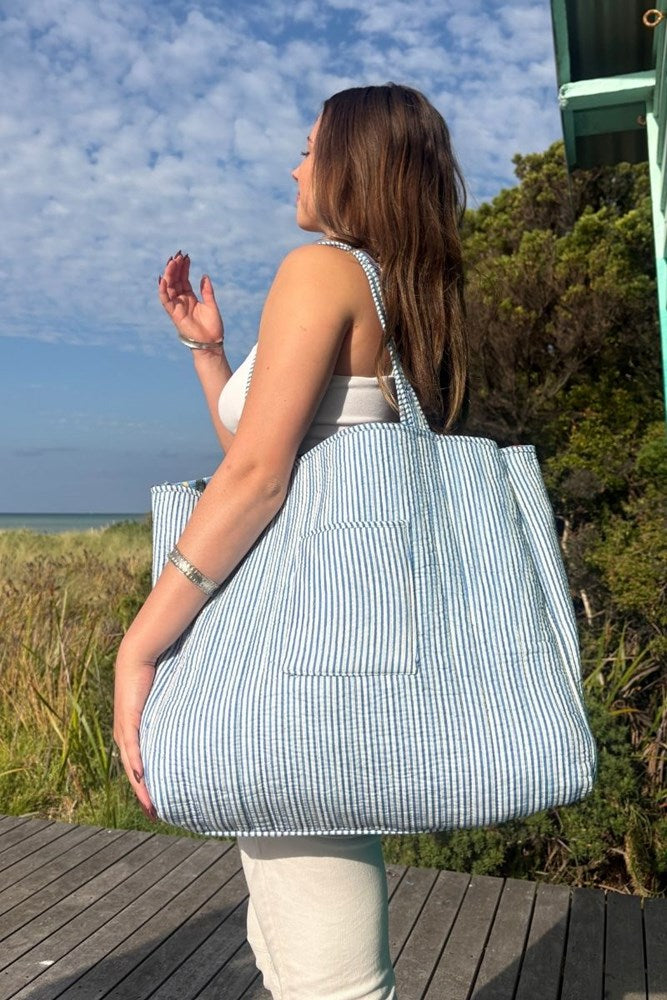 Cotton Velvet Reversible Tote Bag - Mid Blue