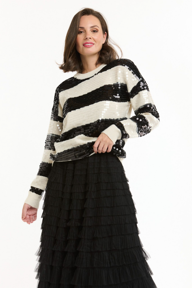 Shop Cream and Black Sequin Striped Jumper - Origen Imports
